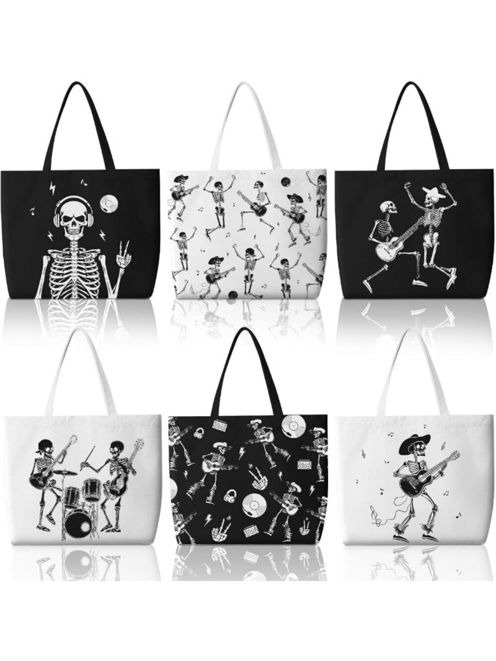 6 Pcs Gothic Skull Canvas Tote Bags - Reusable Black & White Aesthetic Gift Bags